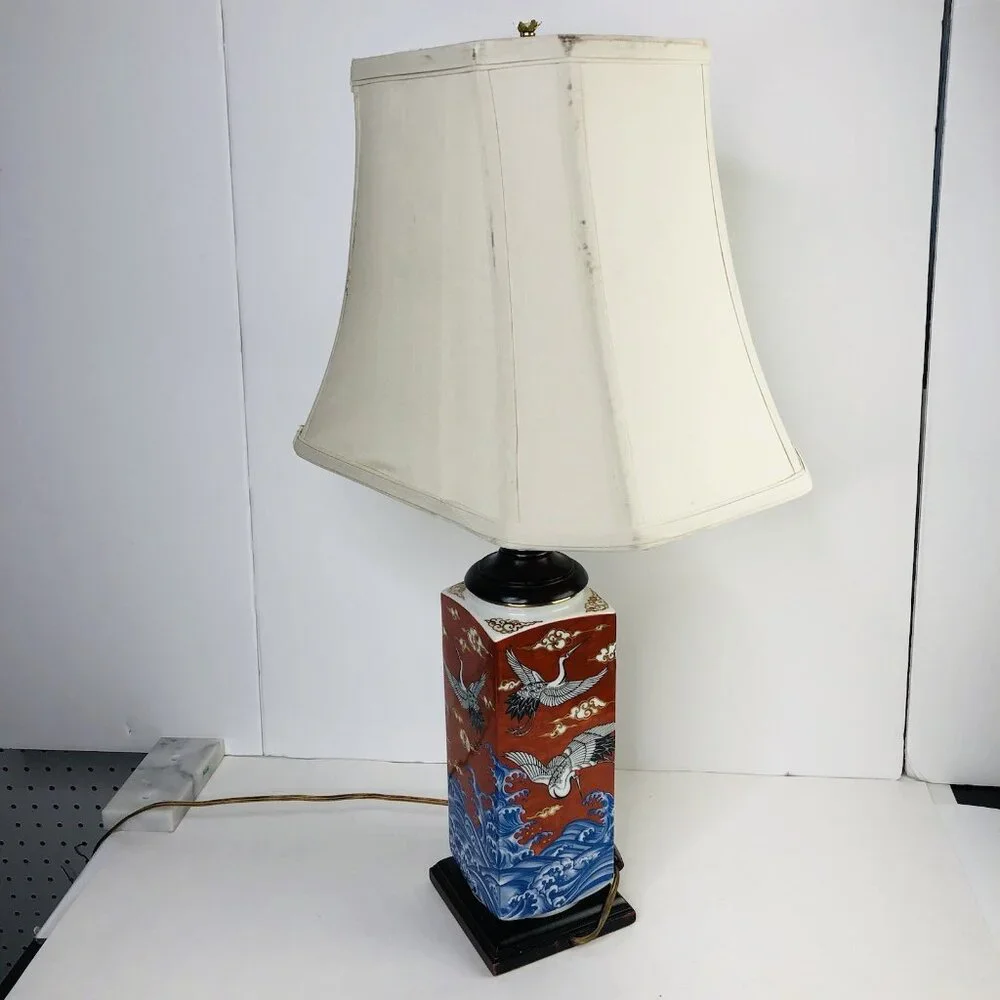 Chinese Square Orange Red Porcelain Lamp Shade Birds Sea Cloud Gold Hand painted